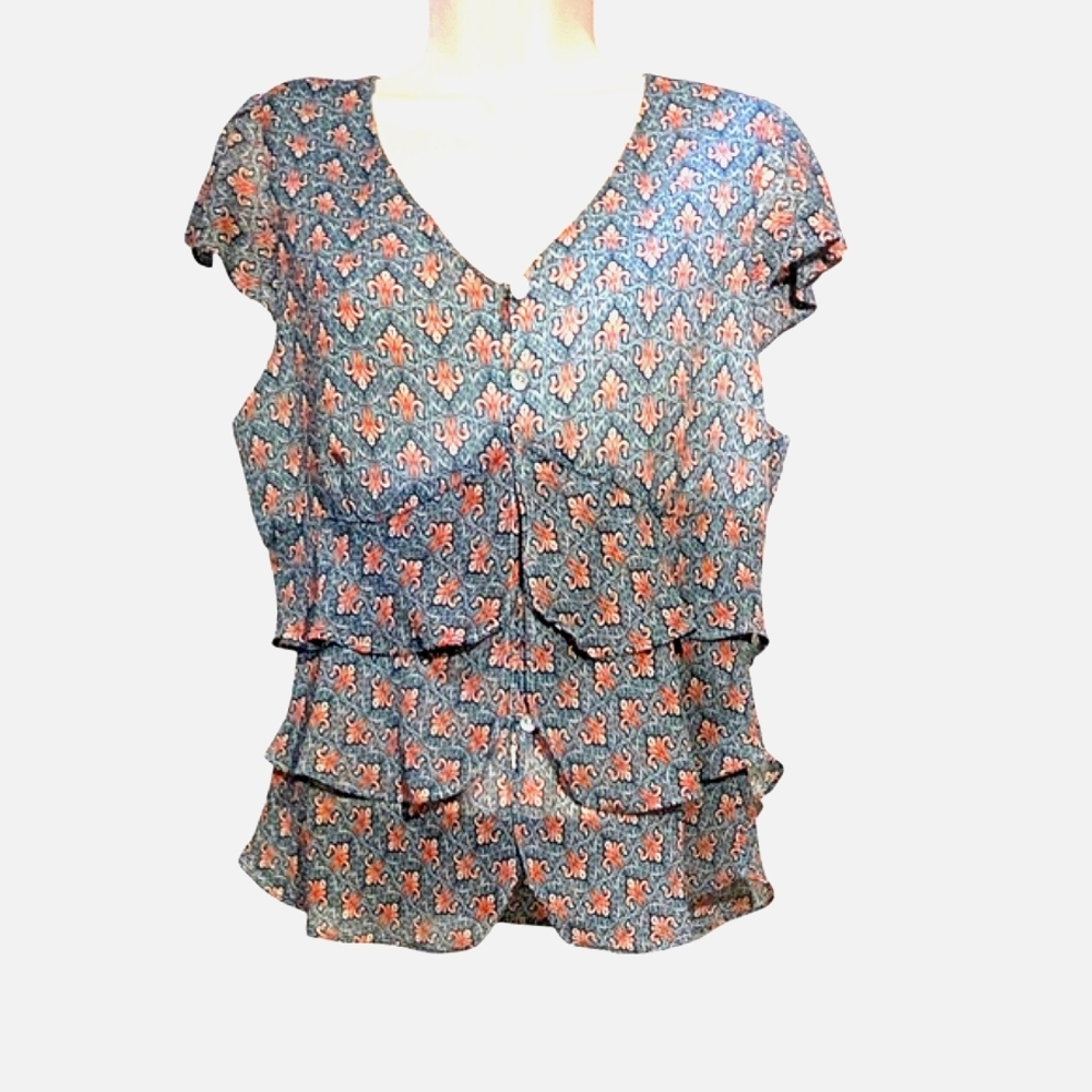Emma James Gray Ruffled Buttoned Blouse